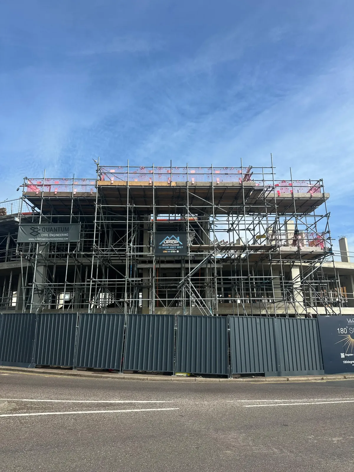 Front view of the Block B scaffold loading bay and working platforms at 180 Degrees, Southbourne