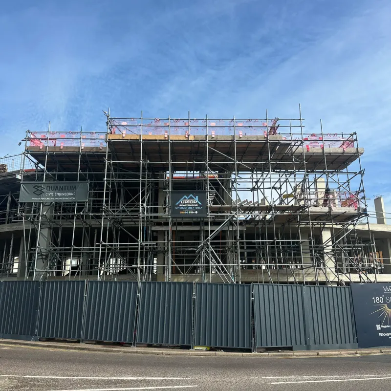 Front view of the Block B scaffold loading bay and working platforms at 180 Degrees, Southbourne