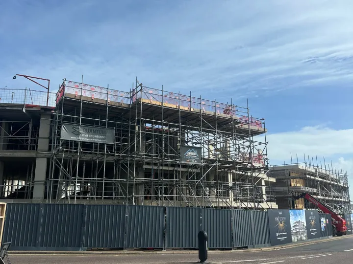 Scaffold loading bay at Block B of the 180 Degrees development in Southbourne, viewed from across the road