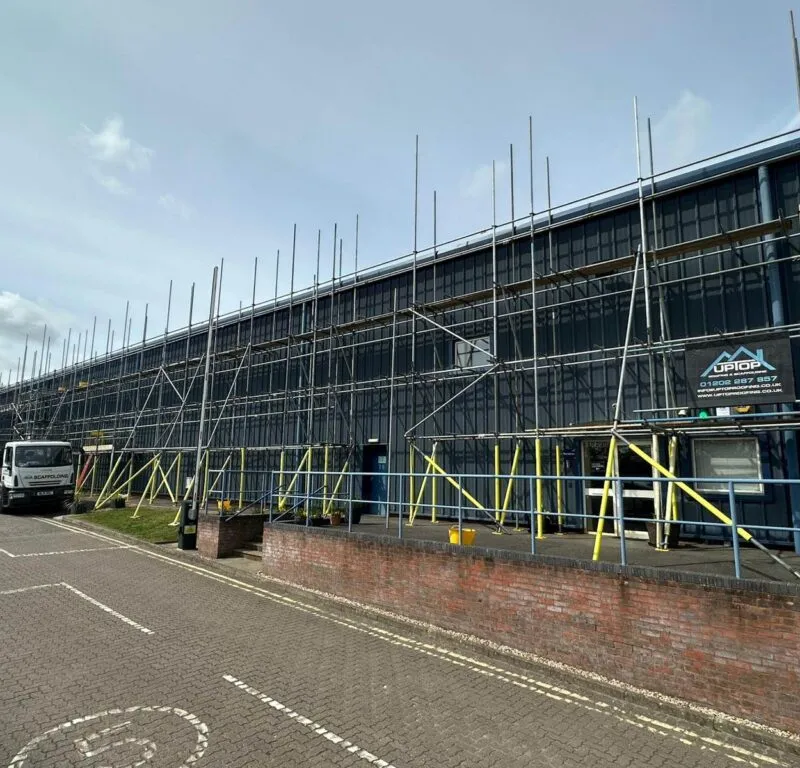 Commercial scaffolding installation for solar panel works at South Western Vehicle Auctions, Holton Heath, Dorset by Up Top Scaffolding