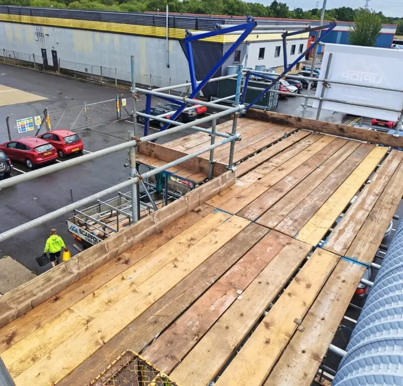 Scaffolding erected by Up Top Scaffolding for a solar installation at Lipco Engineering, Woolsbridge Industrial Estate, on behalf of Pro Star Energy.
