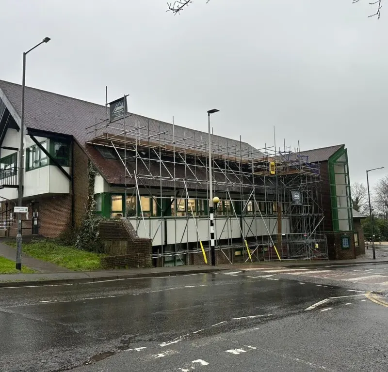 Full front elevation scaffolding structure erected by Up Top Scaffolding at Crowborough Town Council, East Sussex. Solar panel installation scaffolding project. Scaffolding Crowborough, commercial scaffolding East Sussex, scaffolding company TN6, solar sca