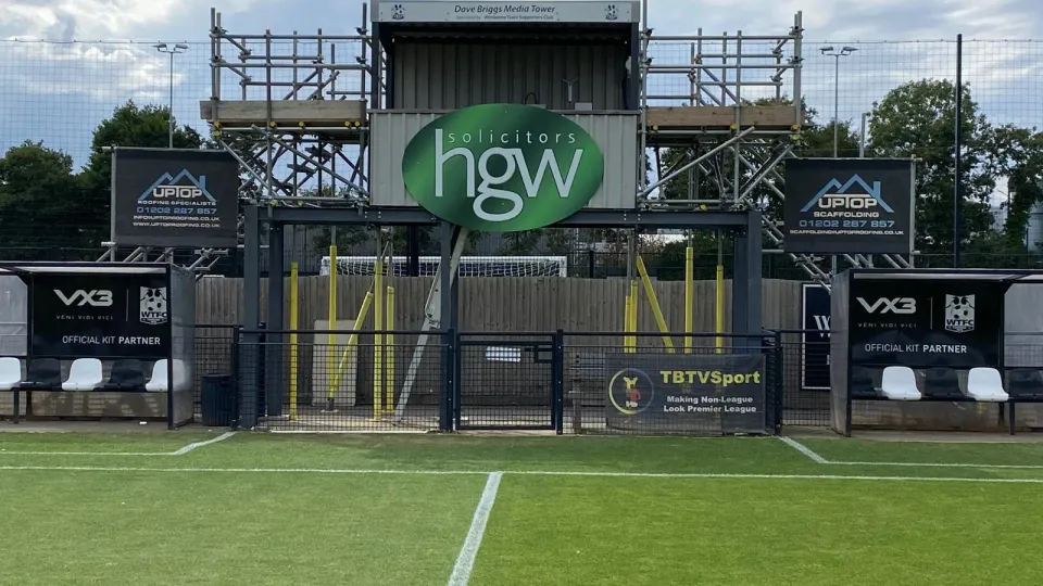 Front view of the viewing platform and scaffold structure at Wimborne Town FC