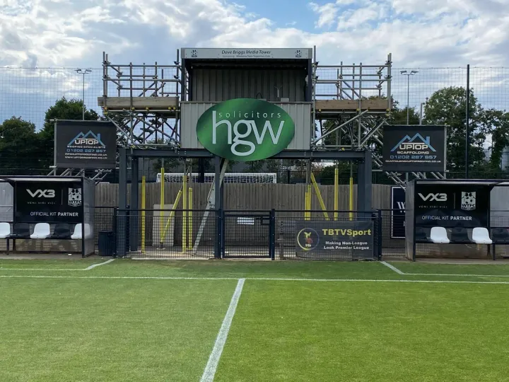 Front view of the viewing platform and scaffold structure at Wimborne Town FC